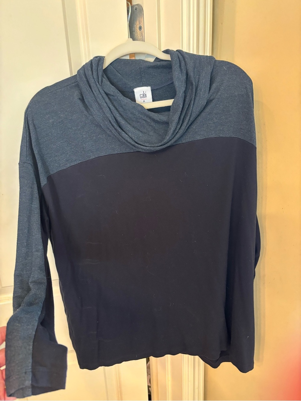 CAbi Two-Tone Navy and Slate blue Cowl Neck Sweater (jersey material)